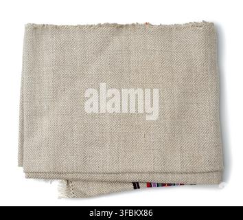 Folded kitchen linen gray towel isolated on white background, top view Stock Photo