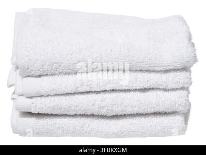 Stack of four folded white terry towels, on isolated background Stock Photo