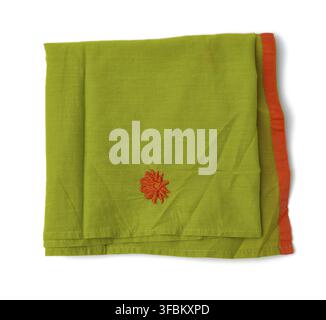 Folded green cotton fabric isolated on white background, top view Stock Photo
