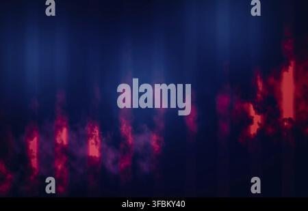 A dark blue background with beams of light through which rise clouds of purple, pink and red smoke Stock Photo