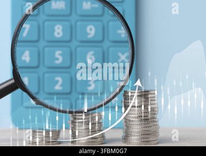 A stack of metallic coins and a chart with growing rates. High income in business, price increase, profit analysis Stock Photo