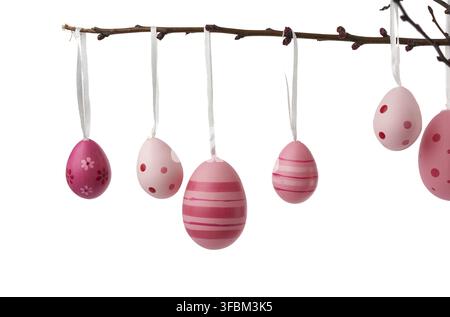 Decorative plastic pink easter eggs hanging on a branch, decor isolated on a white background Stock Photo