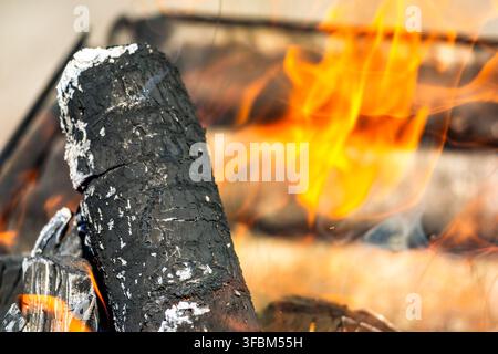 Detailed close-up shot of a heavily charred wood log burning in a barbecue grill pit, surrounded by flickering bright orange fire flames and smoke Stock Photo