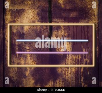 Glowing frame of glowing yellow neon lamps with black cable, background of a rusty metal wall, copy space Stock Photo