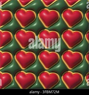 A repeating pattern of red hearts with gold trim, set in a green textured relief. Conceptually themed around love, romance, and celebration. 3D render Stock Photo