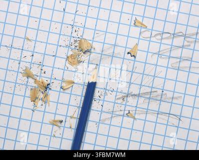 Sharpened wooden pencil with shavings on a checkered paper sheet Stock Photo