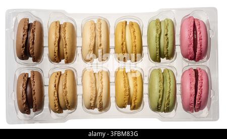Macarons in plastic box on isolated background, top view Stock Photo