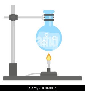 Round-Bottom Flask Heated Over Laboratory Burner on Stand Stock Vector