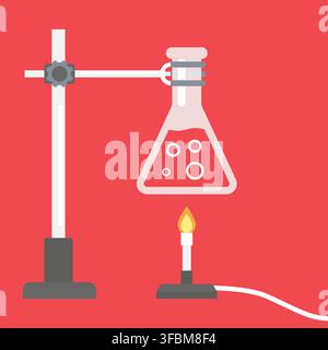 Heating Erlenmeyer Flask Over Bunsen Burner on Red Background Stock Vector