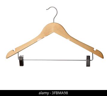 Wooden hanger with metal clothespins isolated on white background, close up Stock Photo