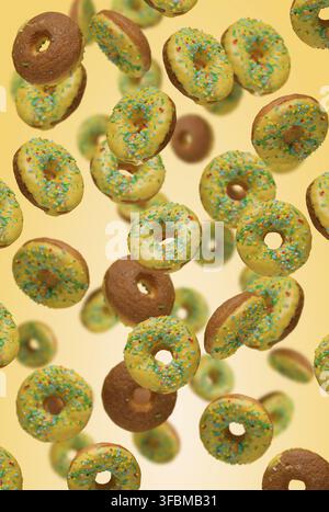 Many yellow glazed donuts with colorful sprinkles falling or floating on yellow gradient background Stock Photo