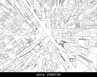 Detailed black and white contour drawing of a dense city or townscape. This intricate printable coloring page features numerous buildings, roads, and Stock Vector