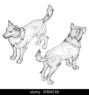 Two stylized dogs are sketched in detailed black and white contour lines on a clean white background. Their expressive features and textured fur are c Stock Vector