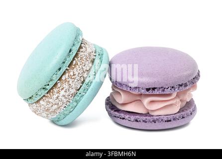 Blue and purple macaroons on a white isolated background Stock Photo