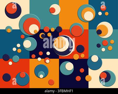 Abstract design featuring overlapping circles and squares in a geometric pattern. Dominant colors include teal, orange, blue, navy, and cream. Stock Vector