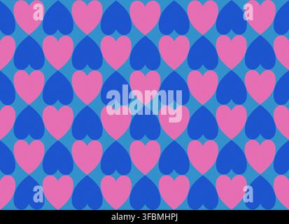 Pattern of alternating blue and pink heart shapes on a blue background. The hearts are arranged in a grid, creating a checkerboard effect Stock Vector