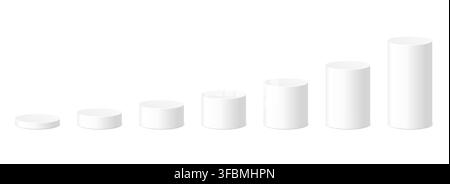Vector set white cylindrical plinth podium in ascending height. 3d mockup round stand product presentation in realistic style. Blank stand pedestal  Stock Vector