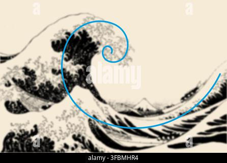Vector that shows how the Fibonacci spiral was used in Hokusai's famous 19th-century piece "The Great Wave off Kanagawa". Stock Vector