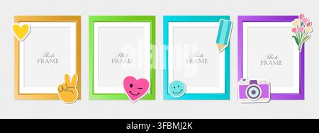 Scrapbook collage vector design template. Cute kid photo frame. Album memory fun decoratin. Border colorful square frames.  Stock Vector
