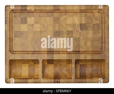 Rectangular cutting board made from end grain oak wood, isolated background. It features a recessed main cutting area and three smaller integrated tra Stock Photo