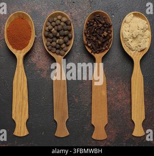 Row of four wooden spoons with ground paprika, allspice peas, dried cloves and ginger powder on dark textured background, top view Stock Photo