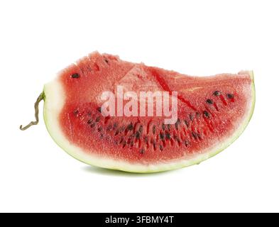 Sliced piece of ripe juicy watermelon with brown seeds isolated on white background, summer berry Stock Photo