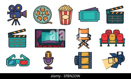 Set of cinema icons representing movies, film production, and entertainment with popcorn, a ticket, and a camera Stock Vector