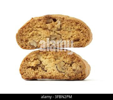 Baked piece Italian almond biscotti, cantuccini cookies, traditional italian Christmas, New Year dry cookies. baking isolated on white background Stock Photo