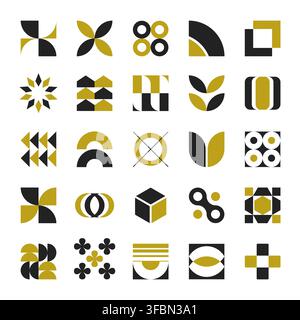 Set of two colour geometric shapes isolated on white background. Abstract symbols, logo marks and icons. Modern graphic design elements. Stock Vector