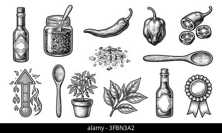 Hot sauce and chili pepper icon set Stock Vector