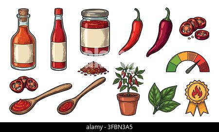 Hot sauce and chili pepper icon set Stock Vector