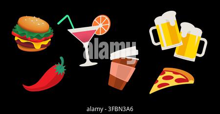 Flat food and drink icons in retro style. Set of vector design elements on black background. Stock Vector