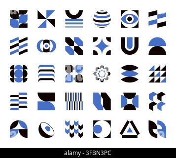 Set of two colour geometric shapes isolated on white background. Abstract symbols, logo marks and icons. Modern graphic design elements. Stock Vector