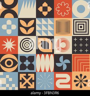 Swiss style seamless pattern with abstract geometric shapes and retro colours. Vector design. Stock Vector
