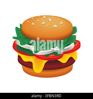 Classic burger vector illustration isolated. Pseudo 3D graphic design element for menu, poster or restaurant decoration. Stock Vector