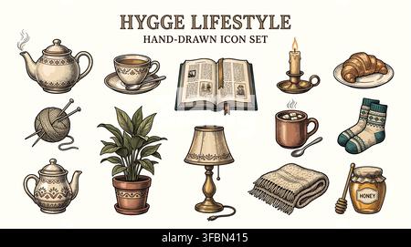 Cozy hygge lifestyle hand drawn icon set with teapot, tea cup, open book, candle, croissant, yarn, hot chocolate mug, socks, plant, lamp, blanket Stock Vector