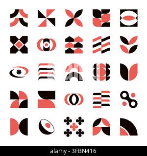 Set of two colour geometric shapes isolated on white background. Abstract symbols, logo marks and icons. Modern graphic design elements. Stock Vector