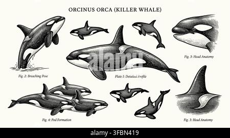 Vintage hand-drawn orcas and killer whales vector set in detailed cross-hatching engraving style. Stock Vector