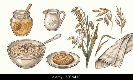Healthy breakfast oat porridge bowl cookie ear cereal plant set . Vector Stock Vector