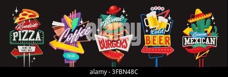 Retro vintage diner and roadside food neon signs set. Vector graphics. Stock Vector