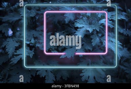 Green leaves and neon glowing frames, abstract background, copy space Stock Photo