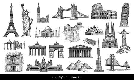 world wonders and historical monuments vector icons set featuring famous landmarks and ancient architecture illustrations Stock Vector