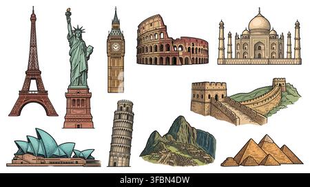 world wonders and historical monuments vector icons set featuring famous landmarks and ancient architecture illustrations Stock Vector