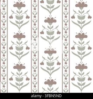Floral ornament, seamless pattern. Vector illustration. A pattern of purple flowers and green leaves, vertical stripes isolated on a white background Stock Vector