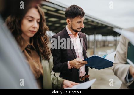 Business colleagues reviewing documents outdoors near an industrial structure during a site visit meeting Stock Photo