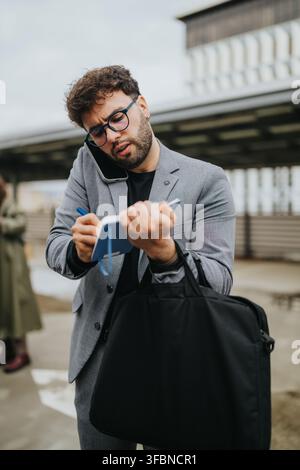 Busy businessman talking on phone and taking notes while standing outdoors with briefcase Stock Photo