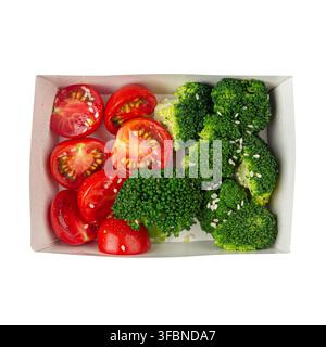 Steamed broccoli with cherry tomatoes in paper box Stock Photo
