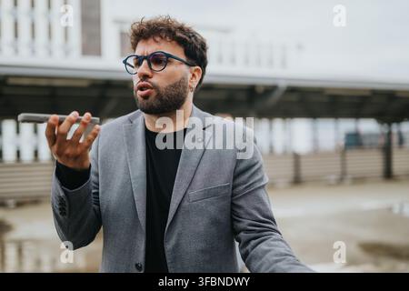 Businessman speaking into smartphone while using voice messaging outdoors in an urban setting Stock Photo