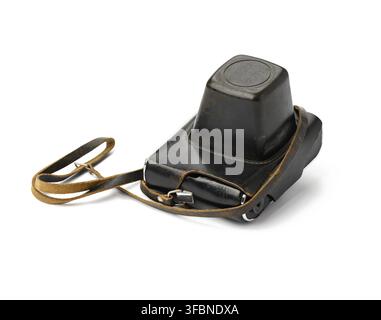 Vintage film camera in brown leather case with strap isolated on white background Stock Photo