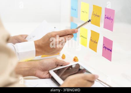 Creative group of business people brainstorming use sticky notes to share idea on glass window or table in office Stock Photo